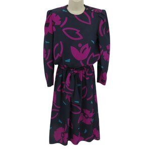 VTG Sasson Women 6 Blue Purple Abstract Floral Long Sleeve Dress Padded Buttons